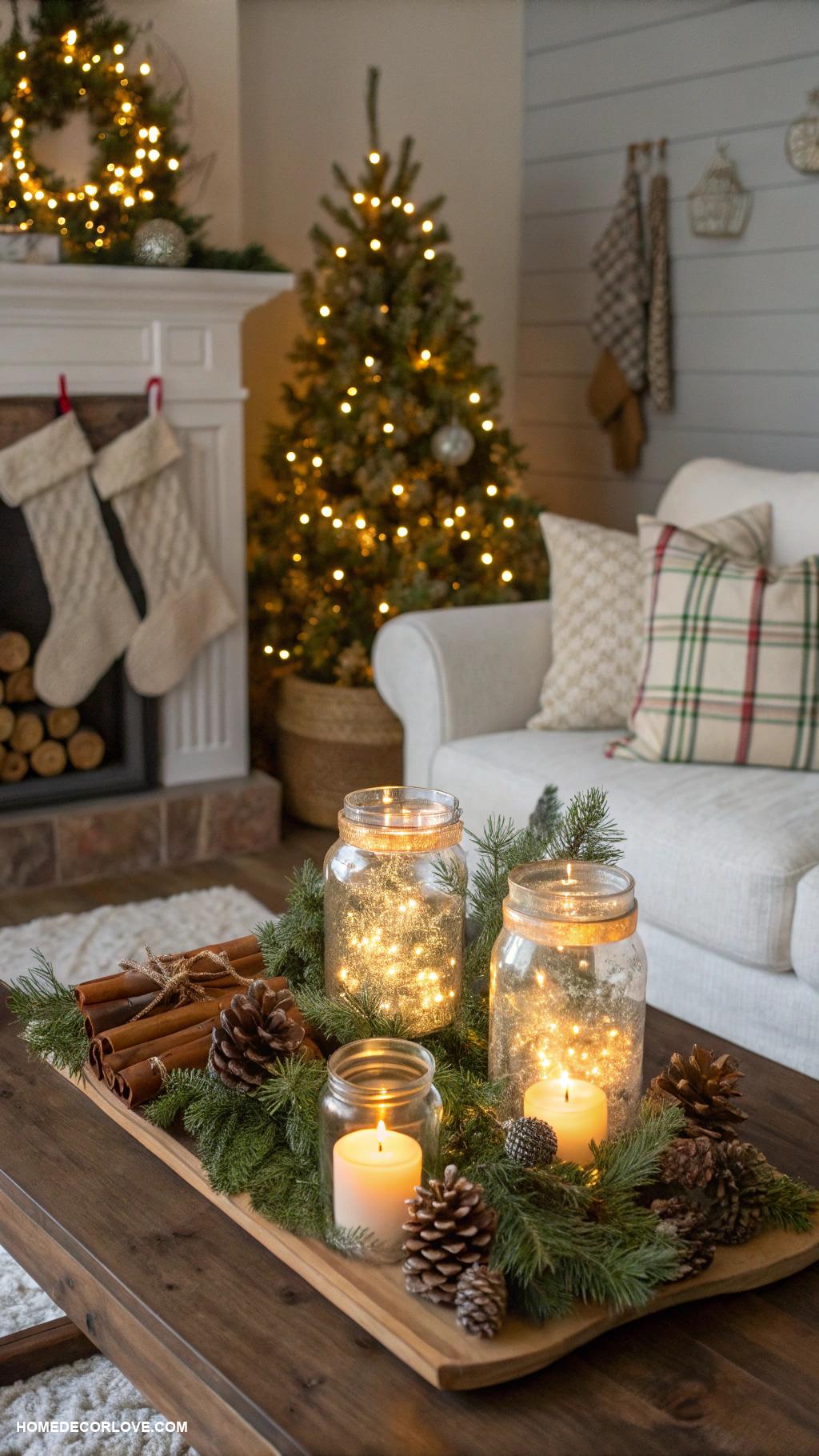rustic christmas decor Mason jar lanterns with fairy lights