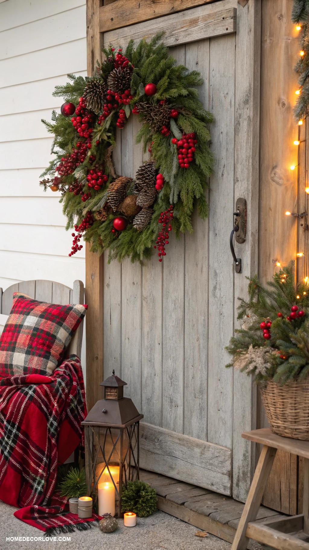 rustic christmas decor Pinecone and berry wreath on door
