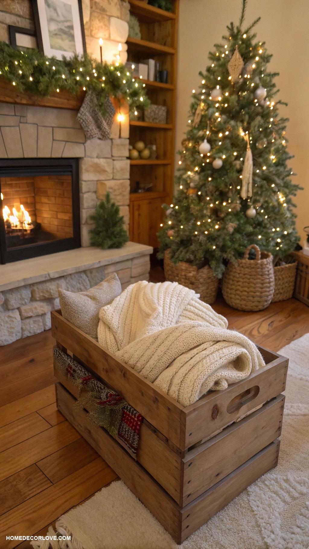 rustic christmas decor Rustic wooden crate filled with blankets