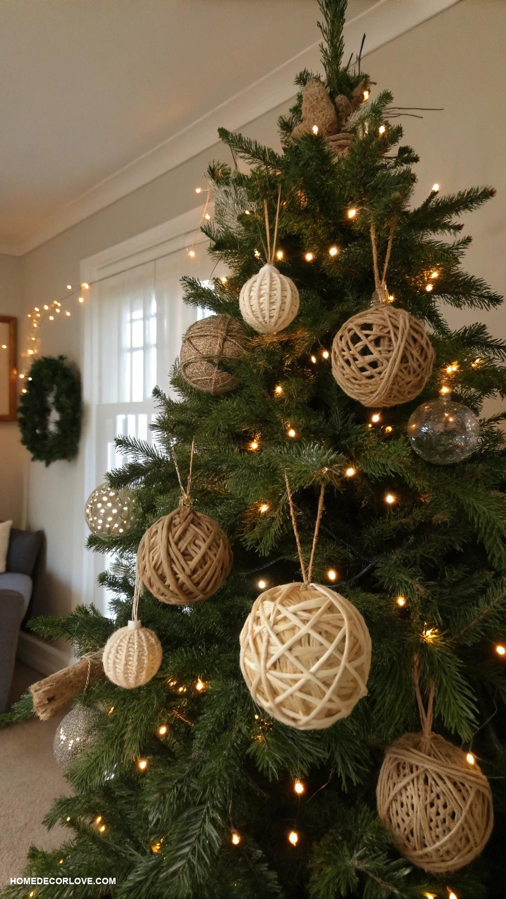 rustic christmas decor Twine wrapped ornaments on tree