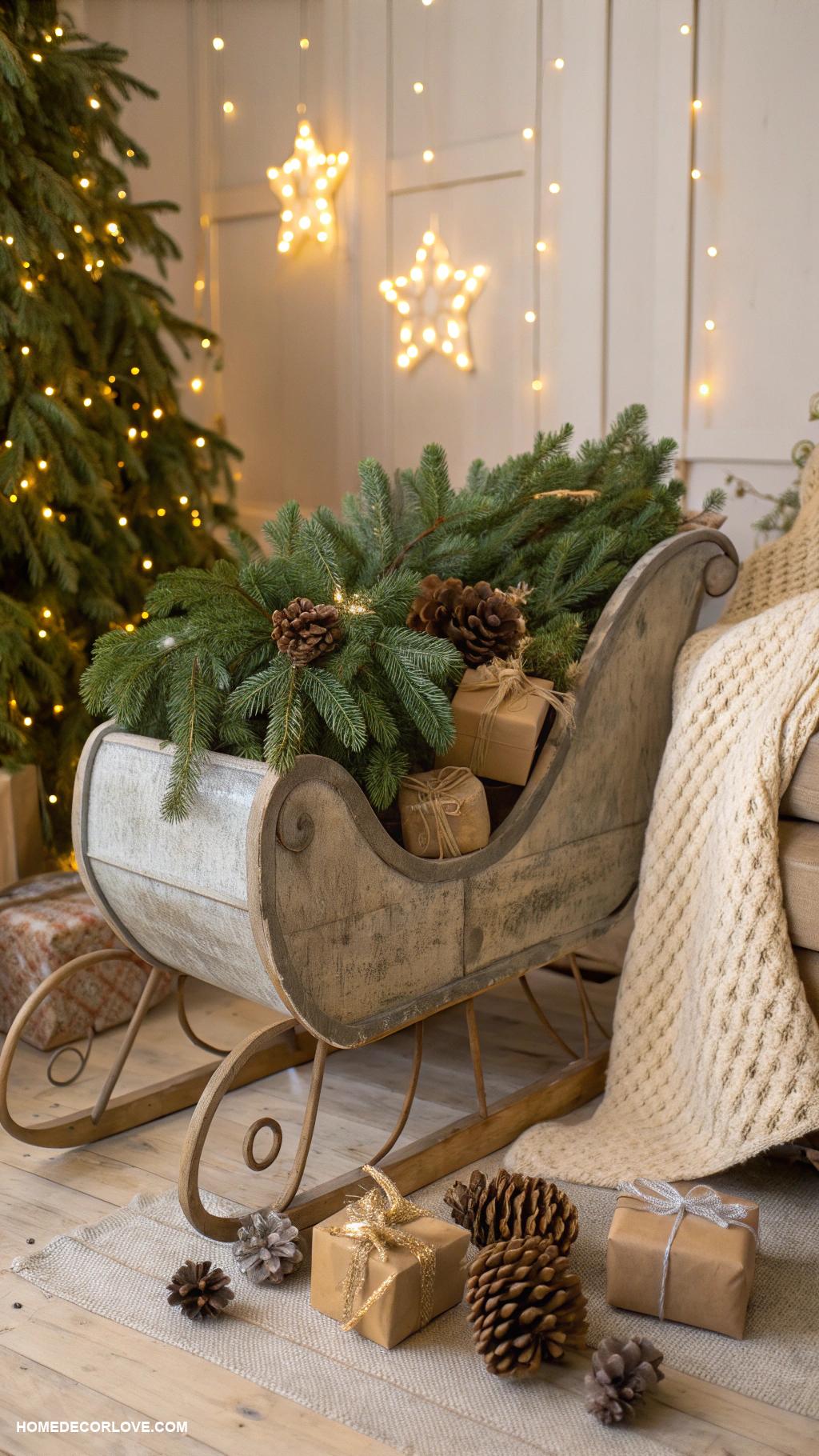 rustic christmas decor Wooden sleigh filled with pine branches