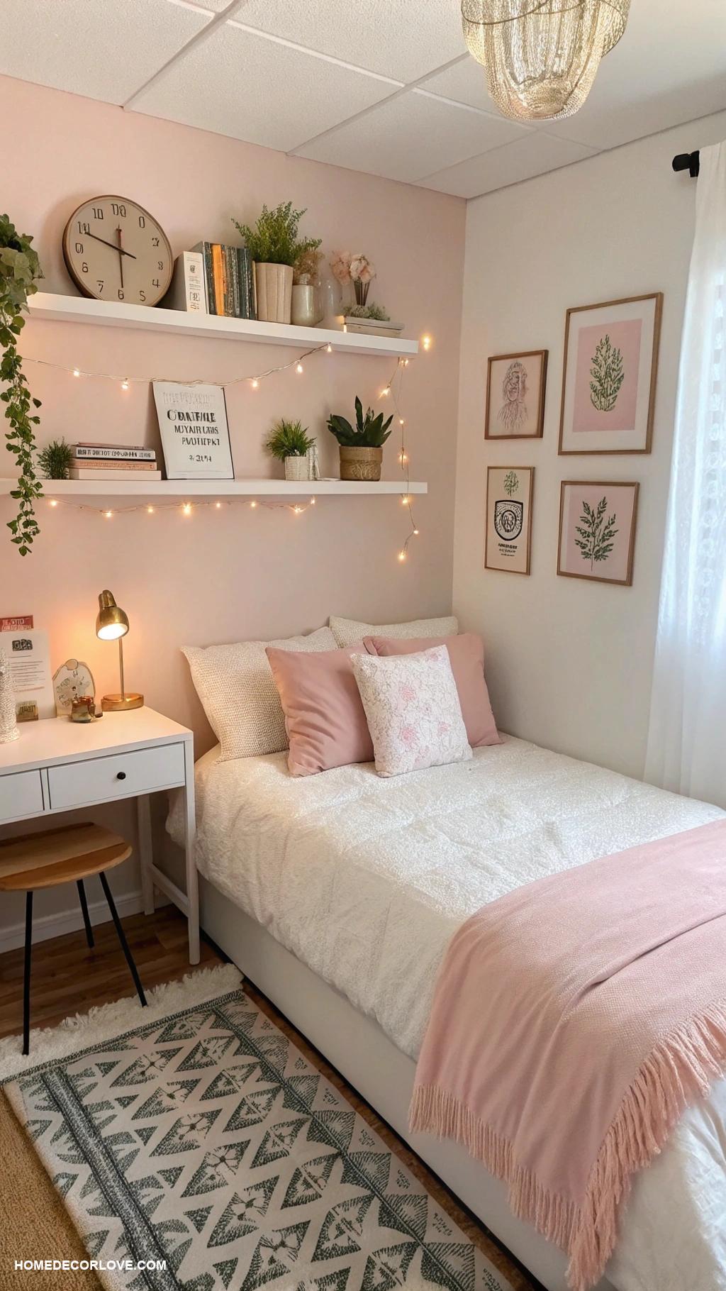 small bedroom ideas Add floating shelves for decorative storage