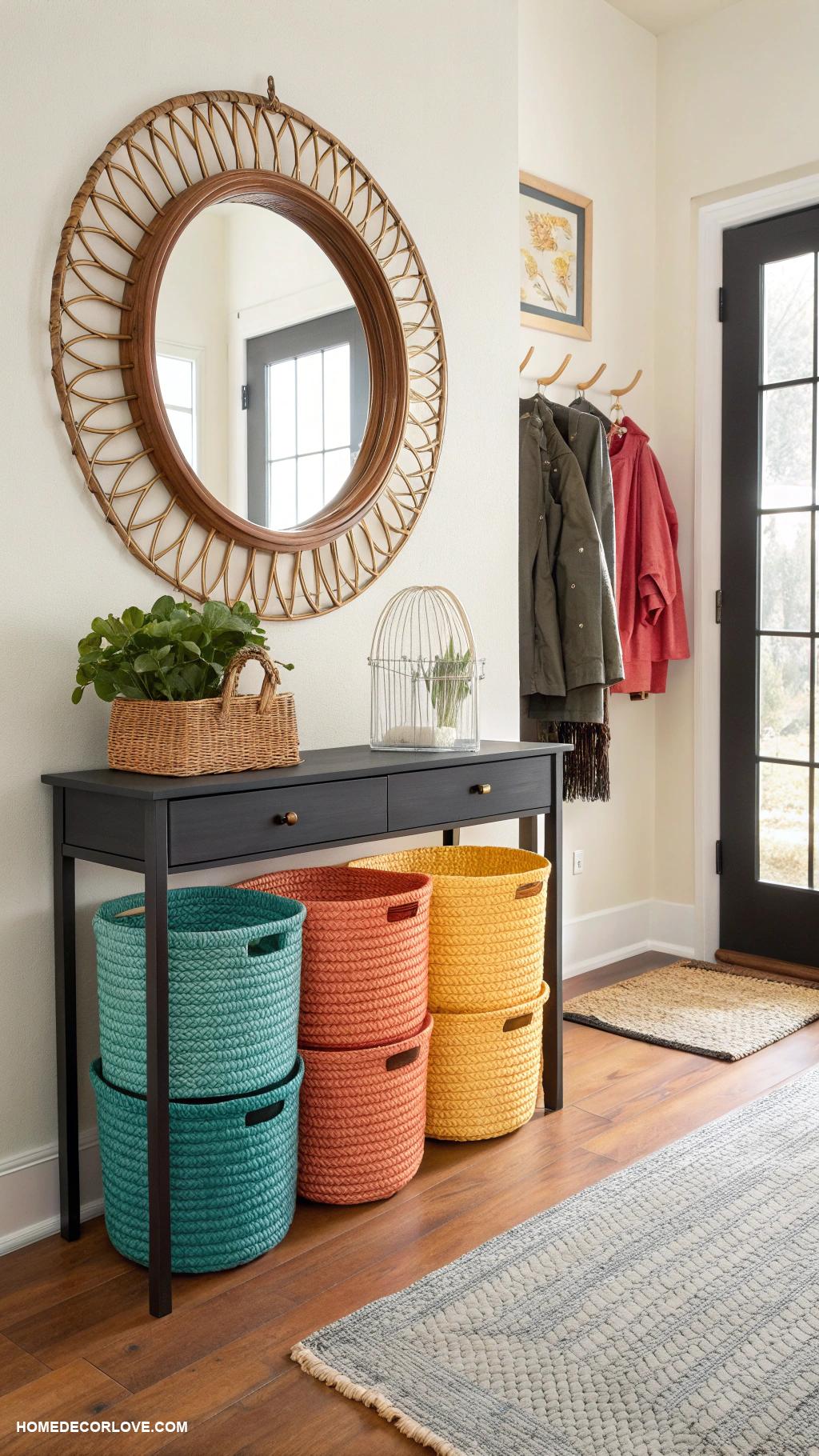 small entryway ideas Use colorful baskets for storage