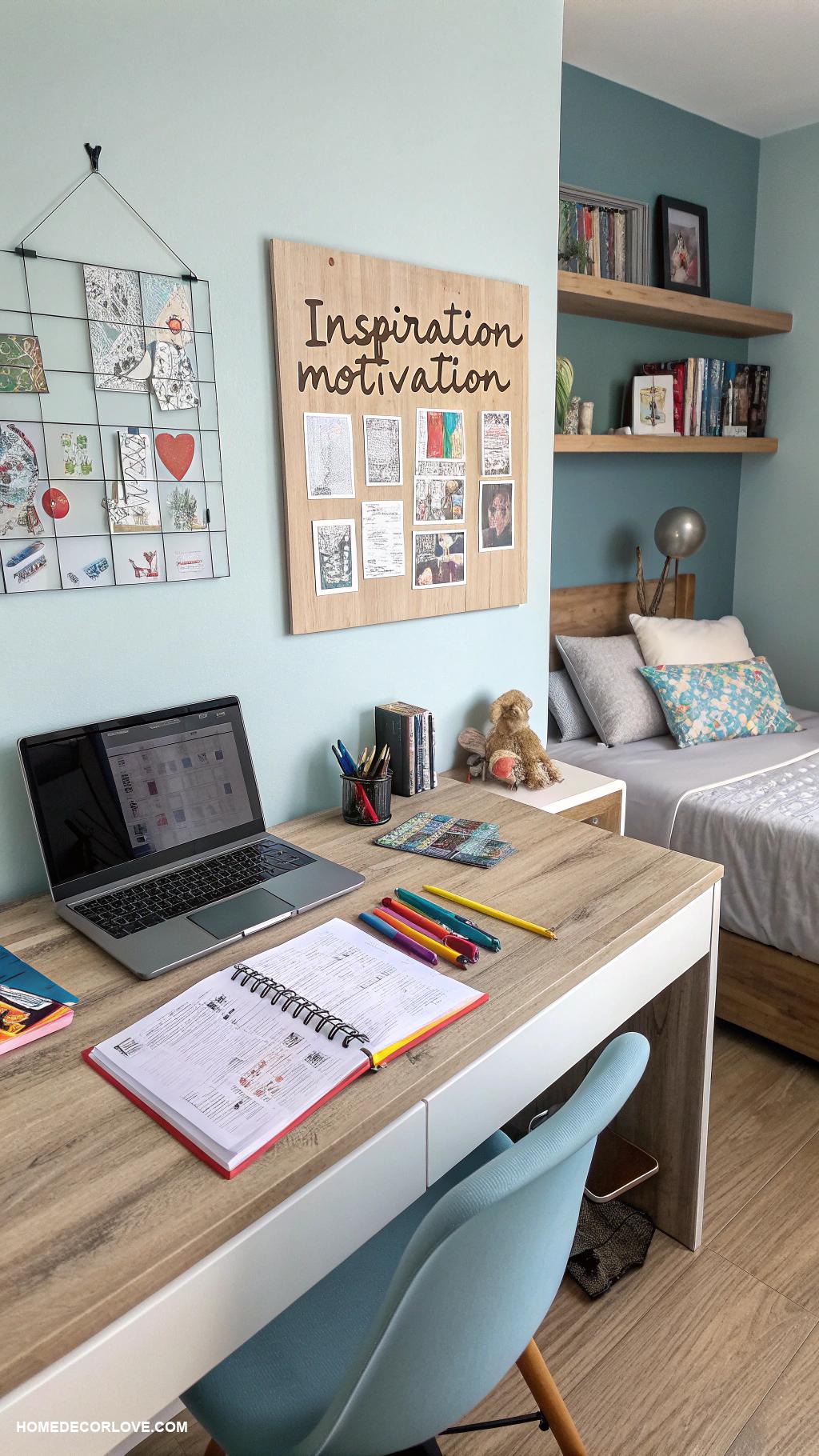 teen boy bedroom Creative workspace with inspirational quotes
