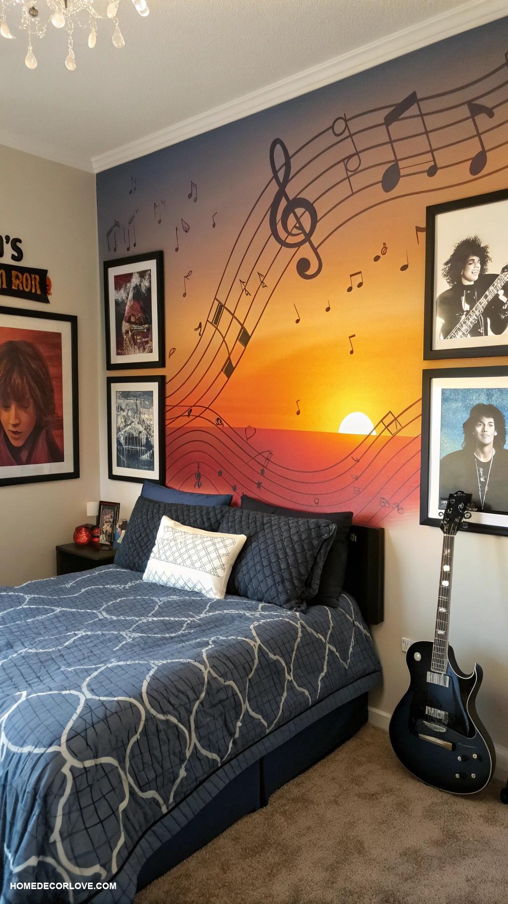teen boy bedroom Music inspired space with instruments display