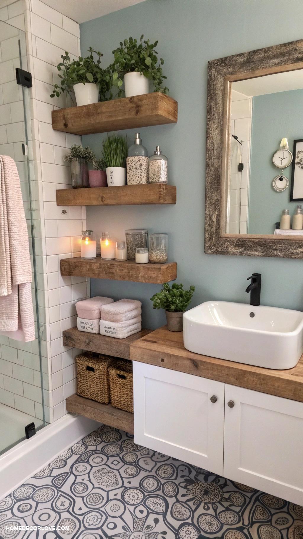 tiny bathroom ideas Incorporate floating shelves for storage