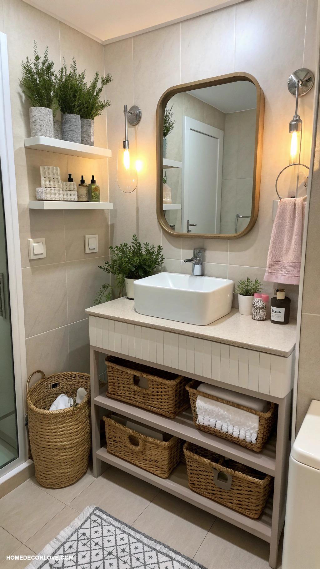 tiny bathroom ideas Use multifunctional decor pieces