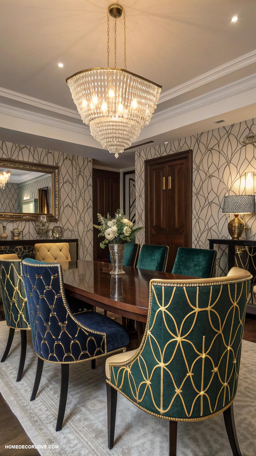 vintage dining room Art deco geometric patterned dining chairs