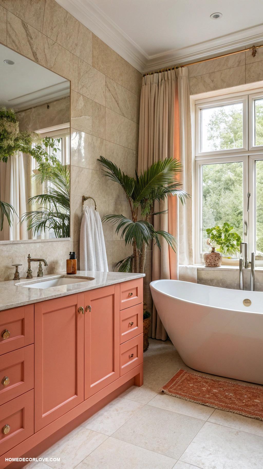 bathroom color schemes Bright coral and sandy beige