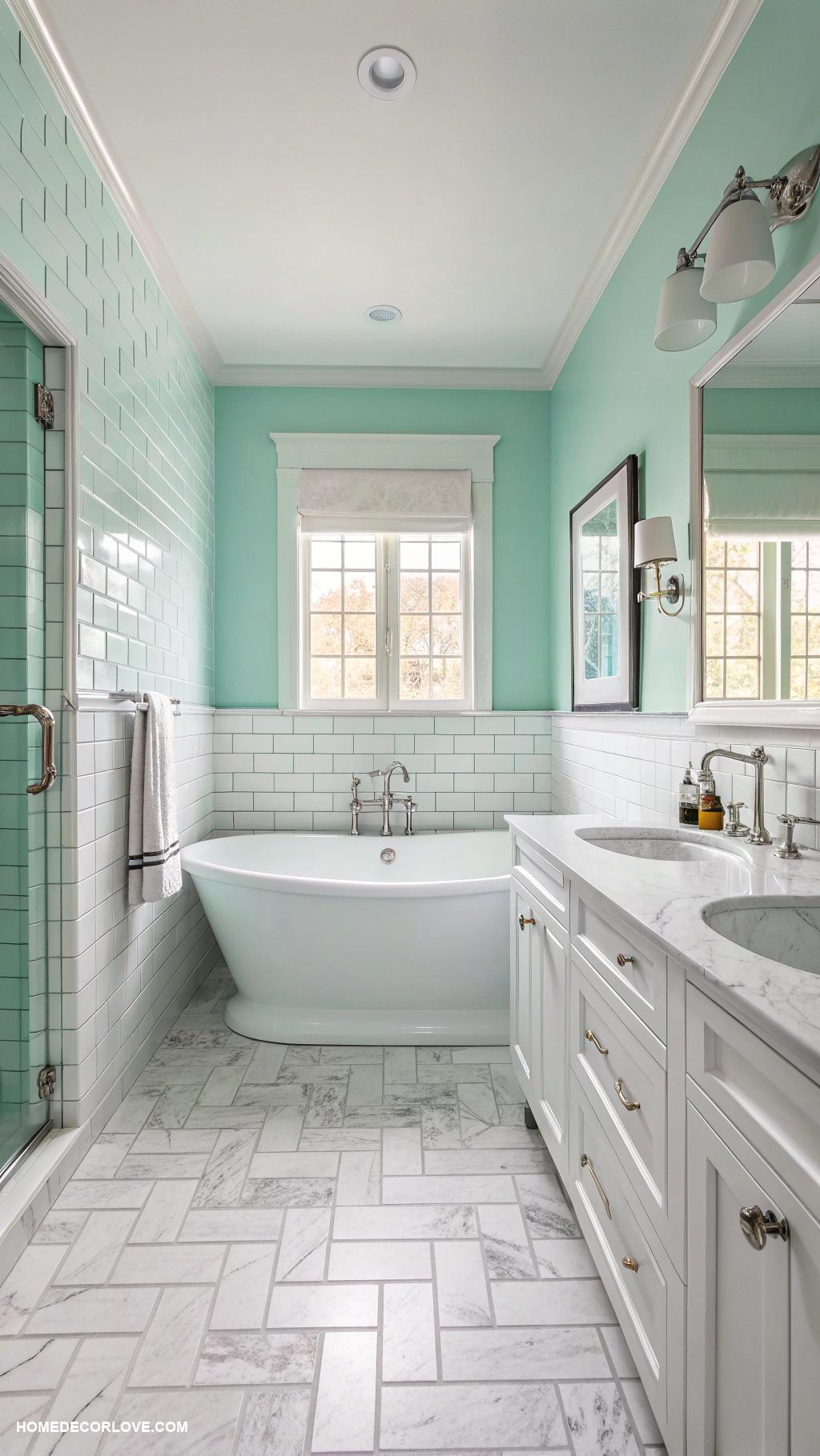 bathroom color schemes Cool mint and crisp white