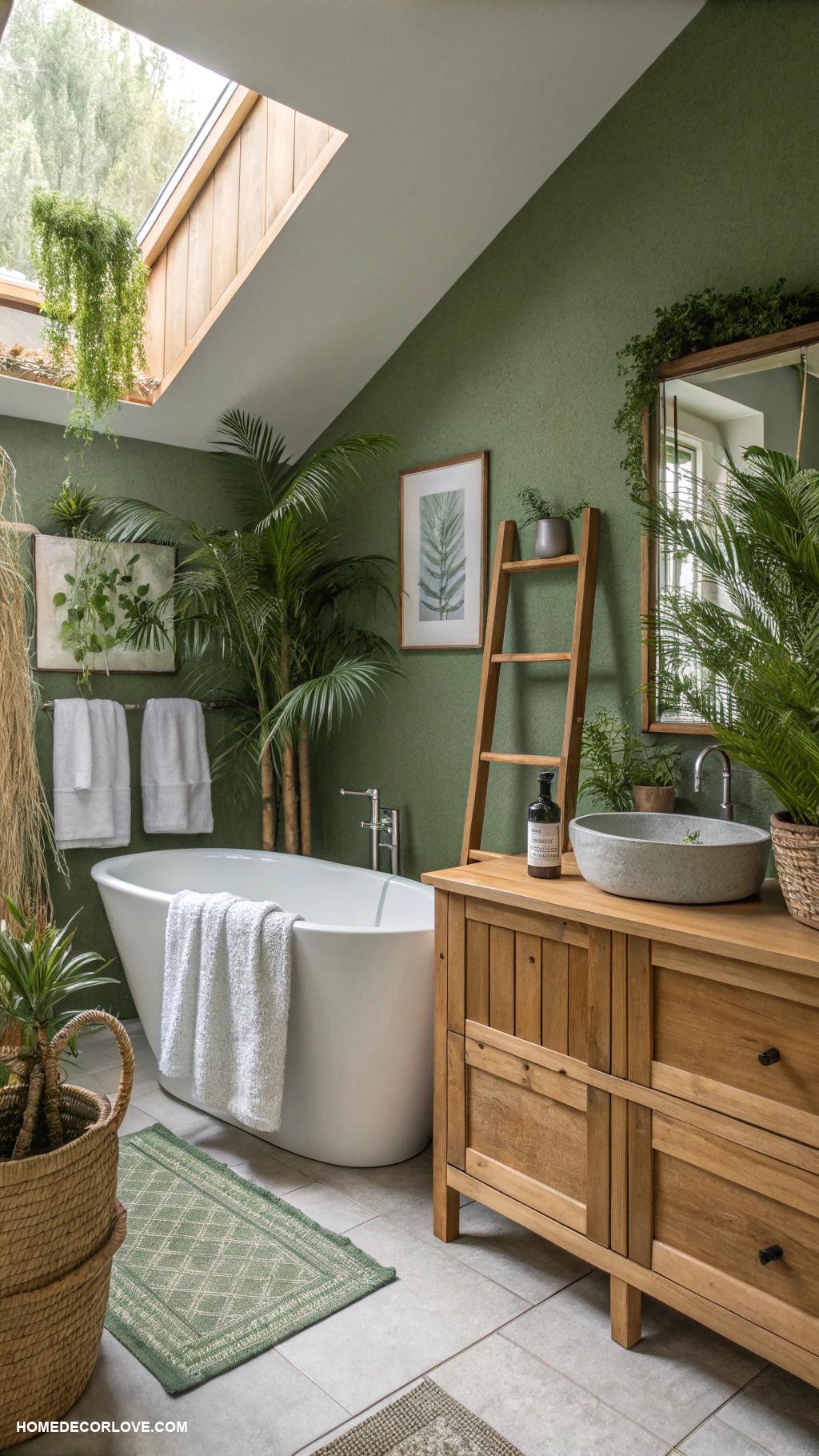 bathroom color schemes Earthy greens with natural wood