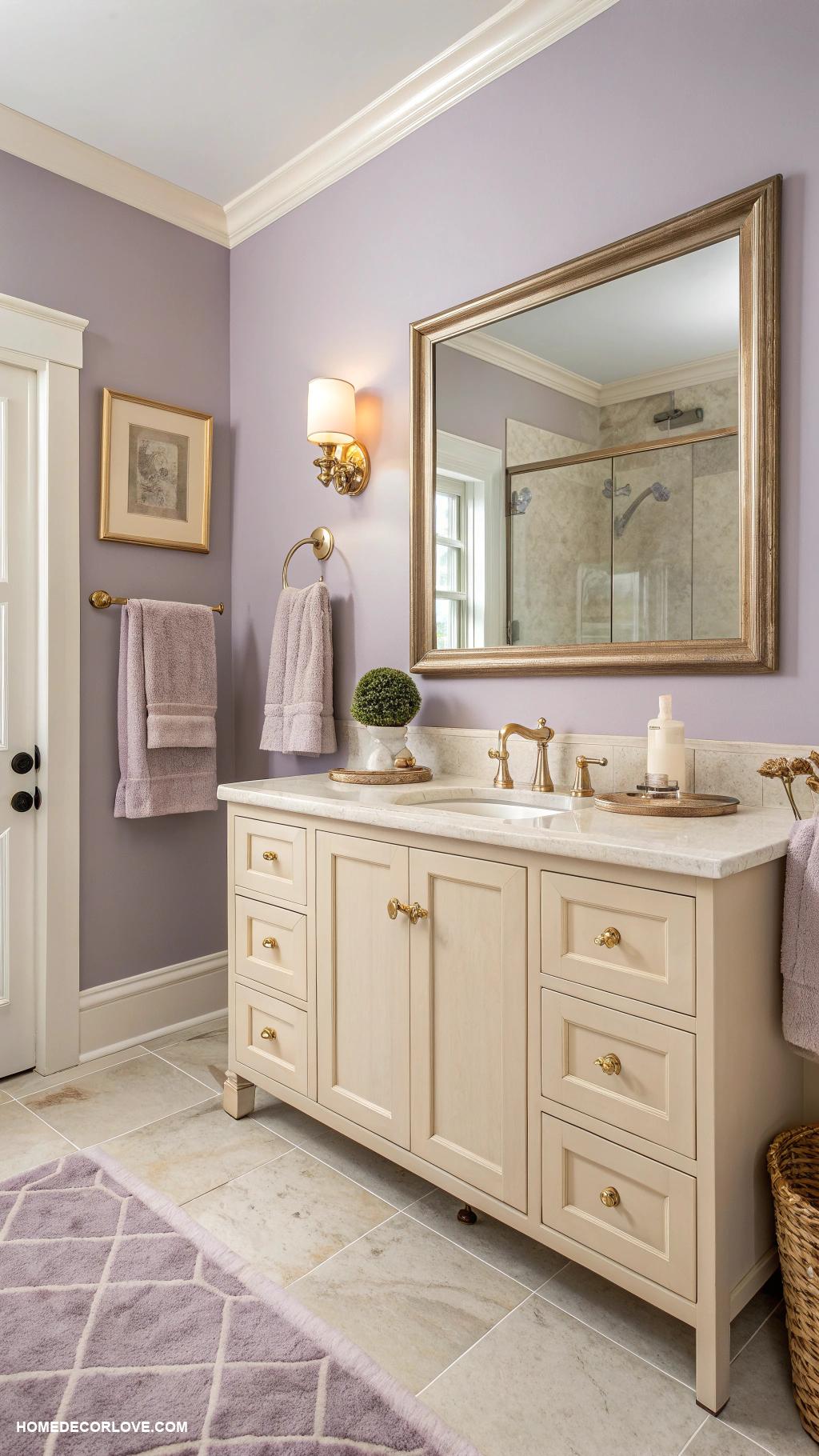 bathroom color schemes Muted lavender with soft beige
