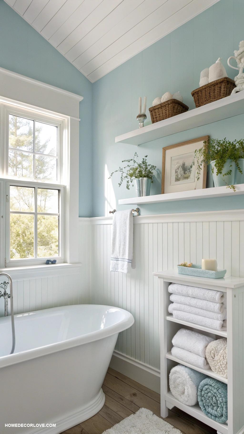 bathroom color schemes Soft blue and white accents