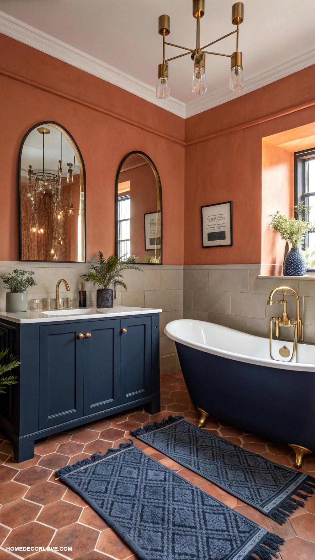 bathroom color schemes Warm terracotta with deep navy