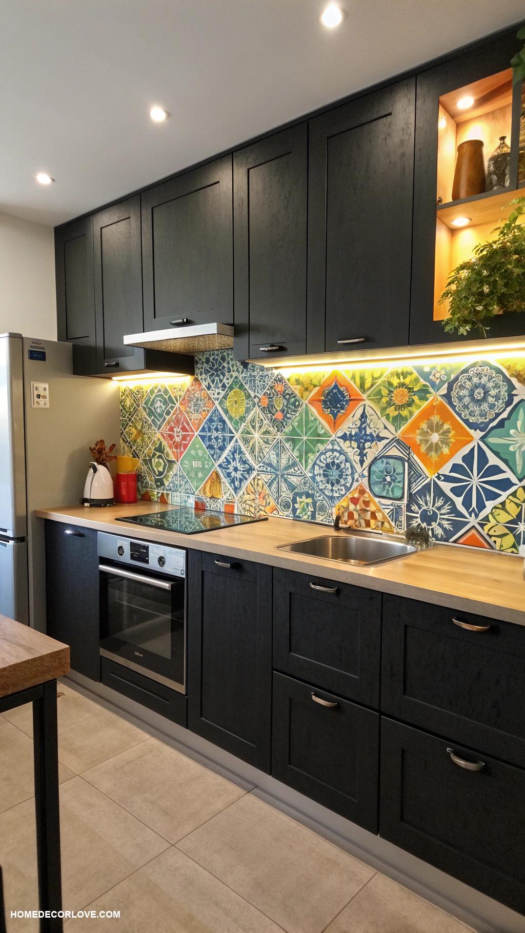 black kitchen cabinets Black cabinets paired with colorful tile backsplash