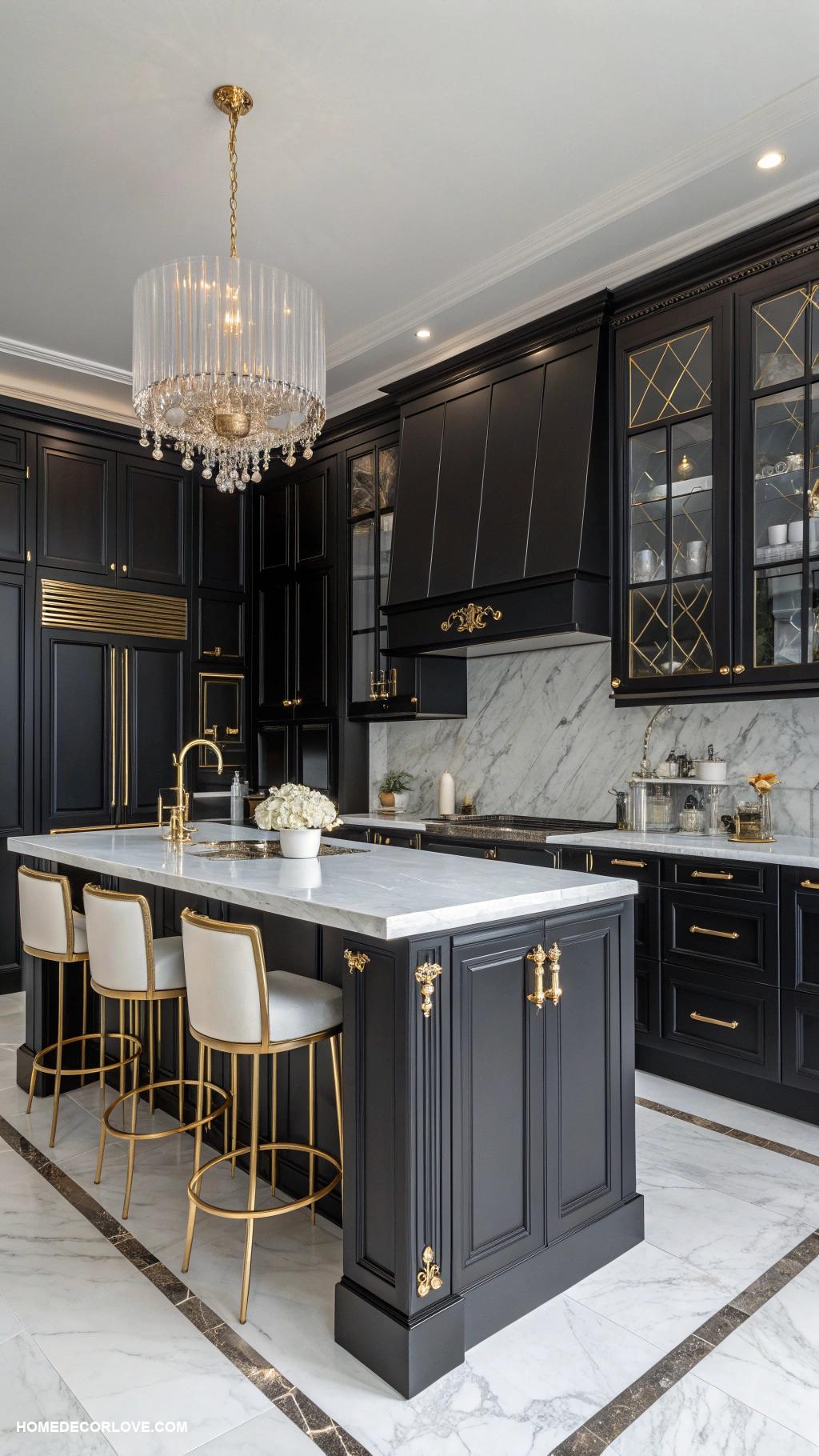 black kitchen cabinets Glossy black cabinets with gold hardware accents