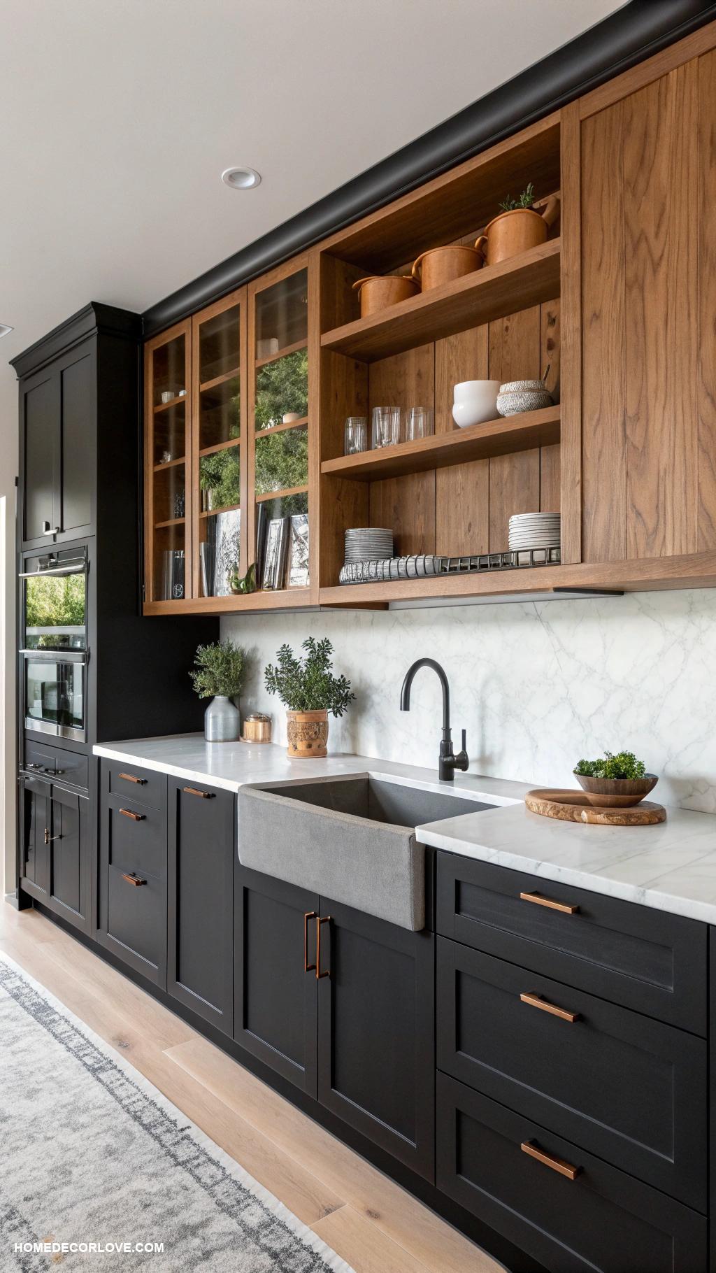 black kitchen cabinets Matte black cabinets against warm wood accents