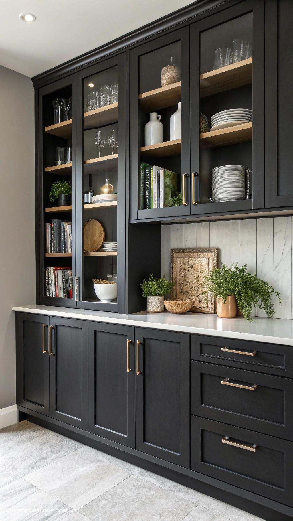 black kitchen cabinets Open shelving combined with black cabinet bases