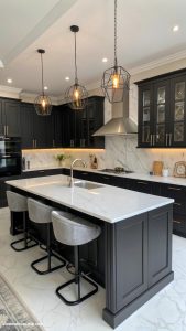 black kitchen cabinets U shaped black cabinets with white countertop contrast