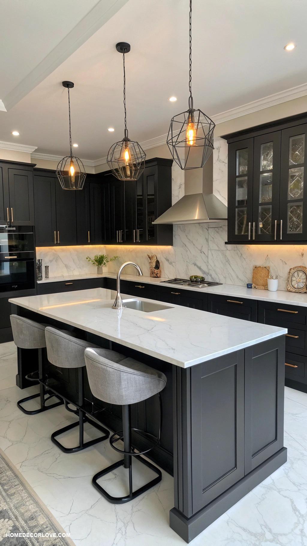 black kitchen cabinets U shaped black cabinets with white countertop contrast