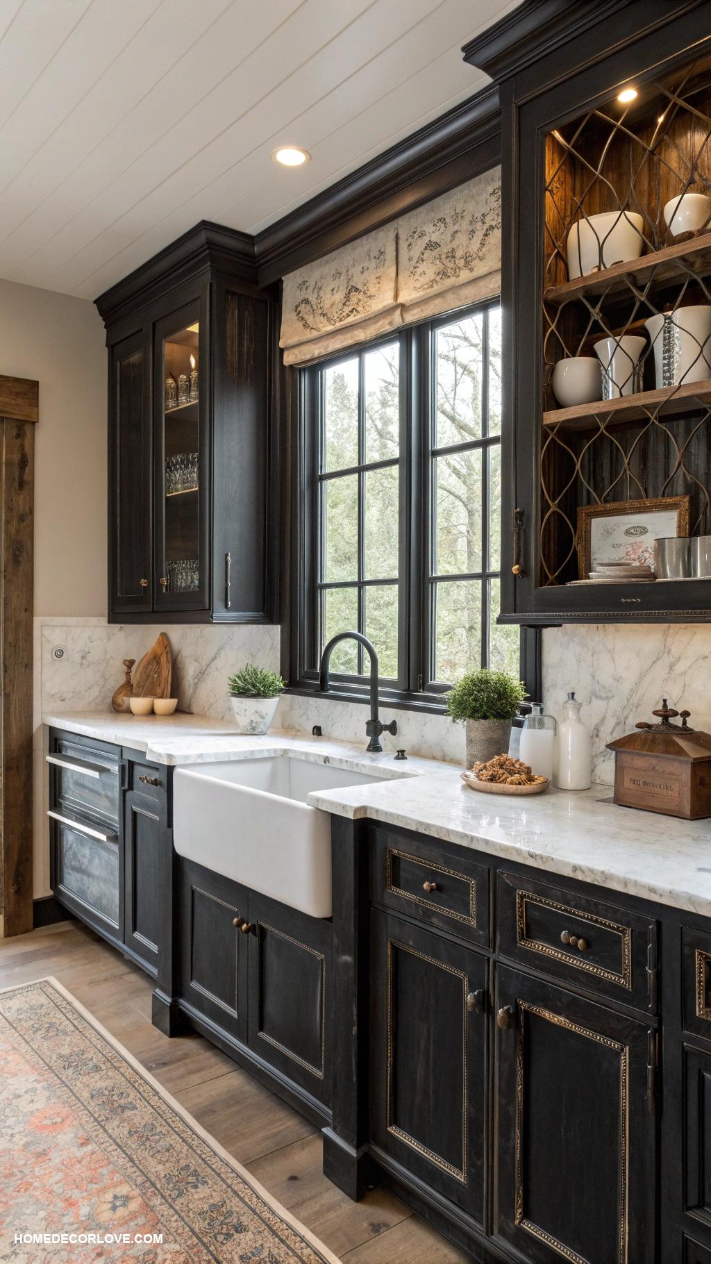 black kitchen cabinets Vintage inspired black cabinets with distressed finish
