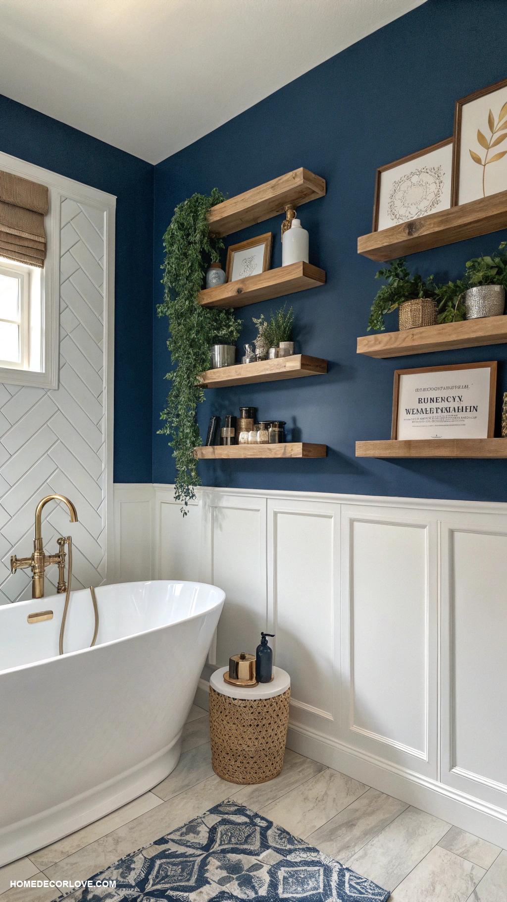 blue bathroom Accent wall with deep blue paint