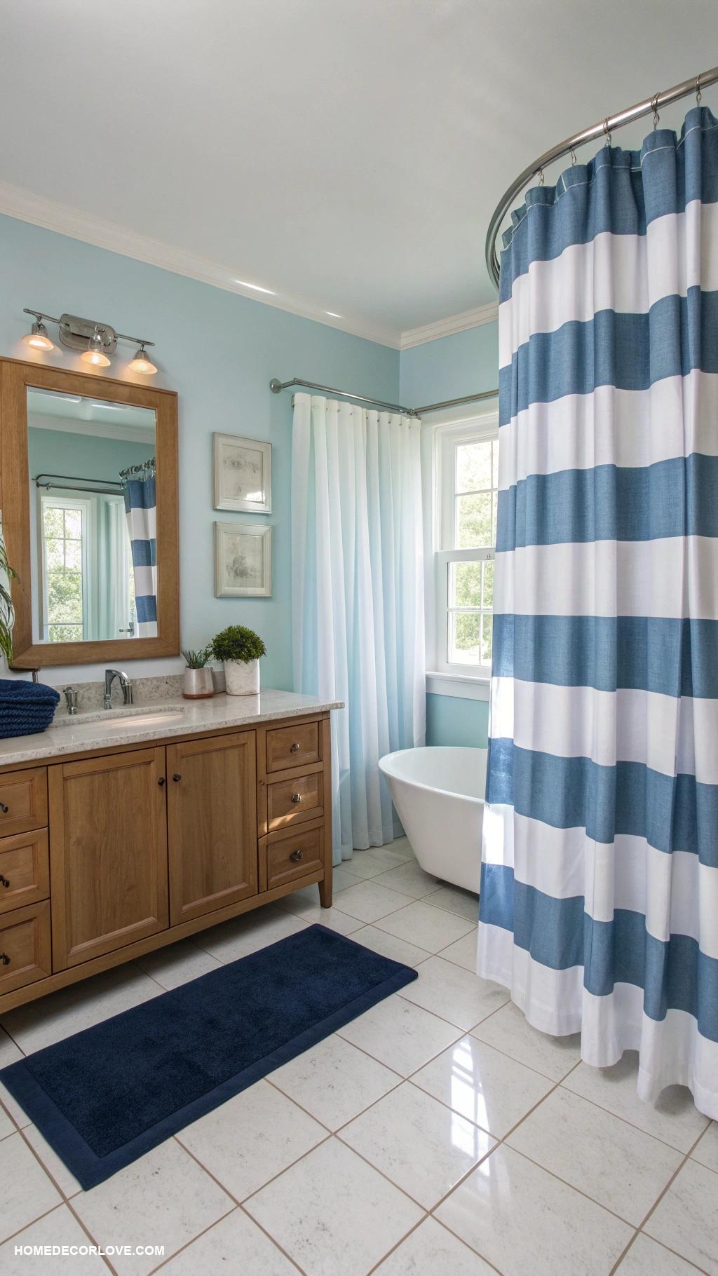 blue bathroom Blue and white striped shower curtain