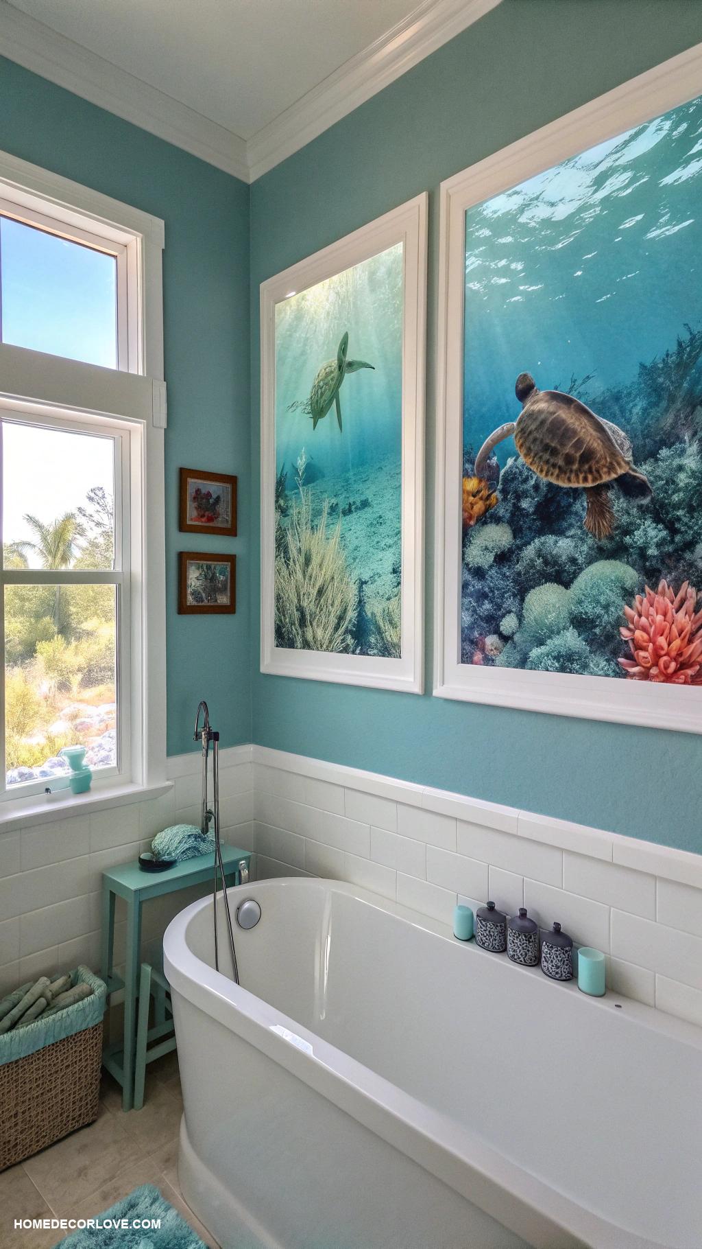 blue bathroom Ocean inspired artwork on walls
