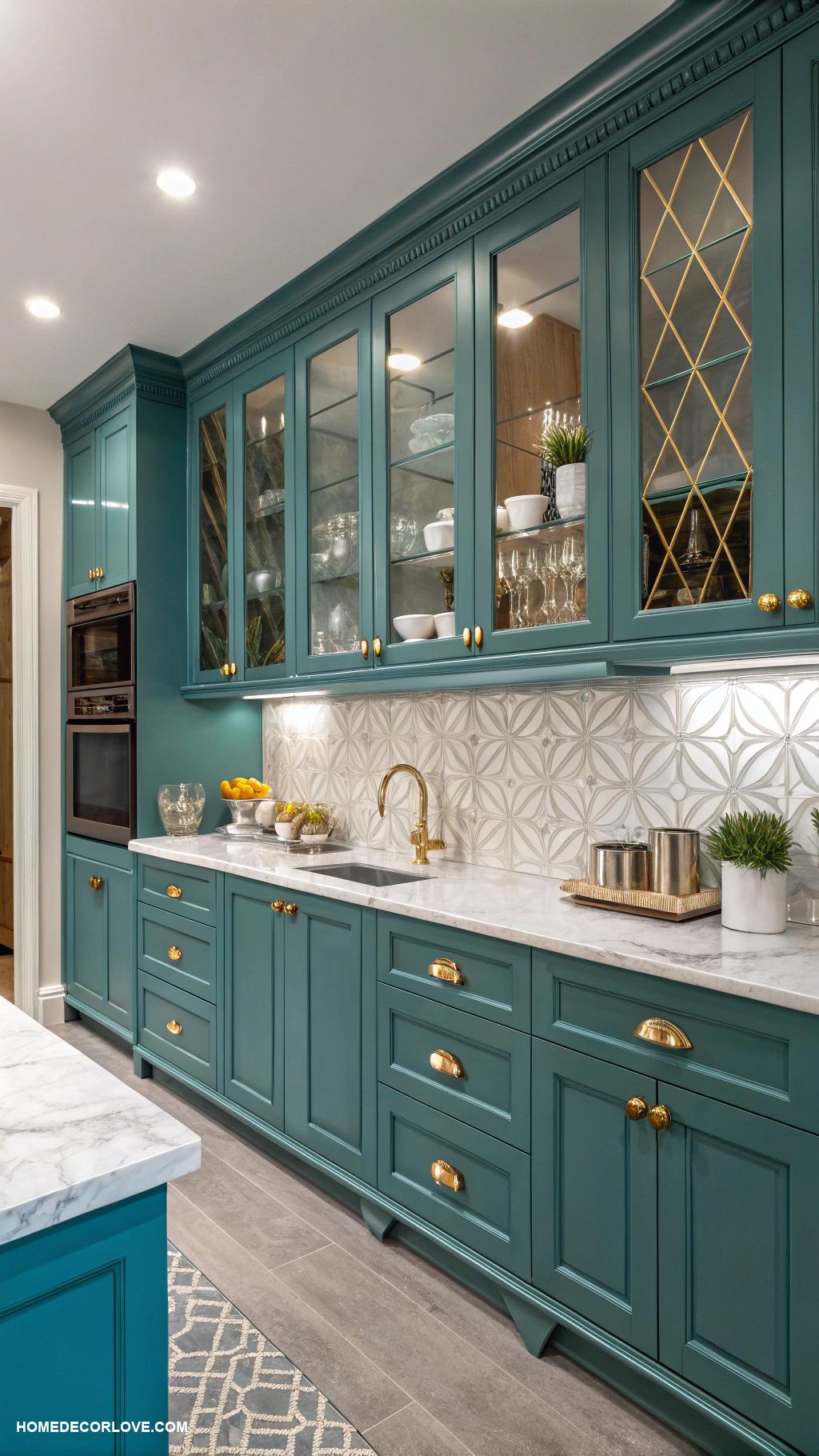 blue kitchen cabinets Deep turquoise cabinets with gold hardware