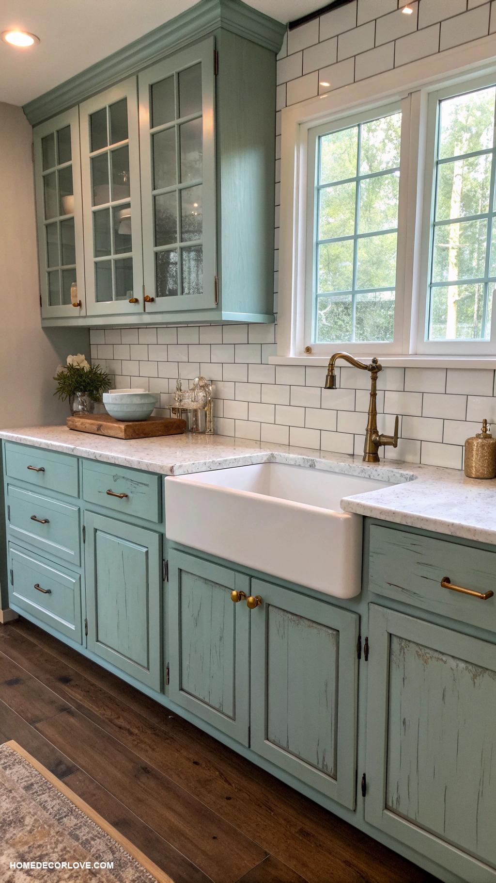 blue kitchen cabinets Muted teal cabinets for vintage feel