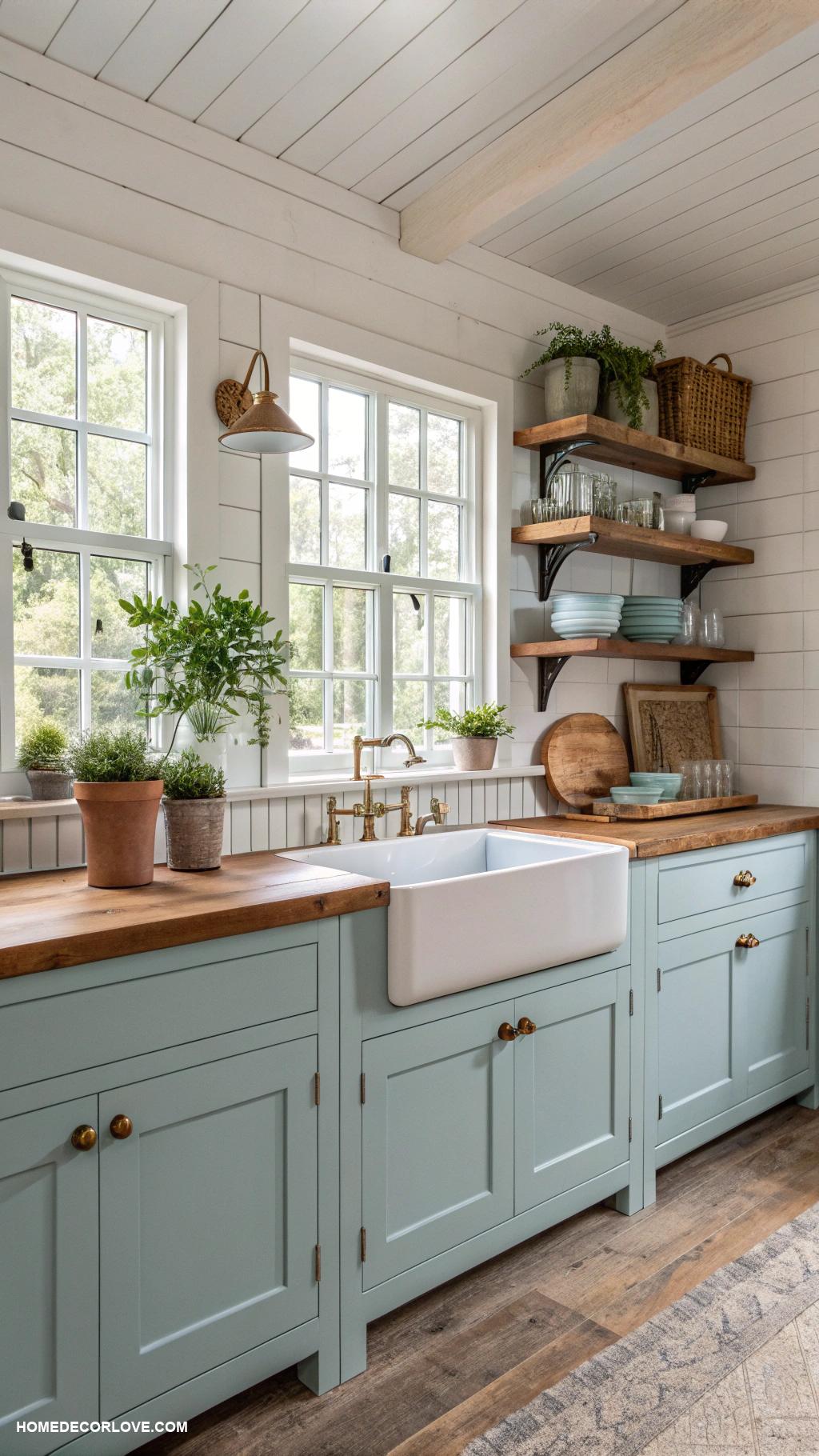 blue kitchen cabinets Pastel blue cabinets in farmhouse style