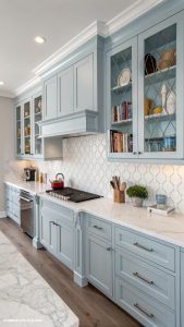 blue kitchen cabinets Sky blue cabinets with white countertops
