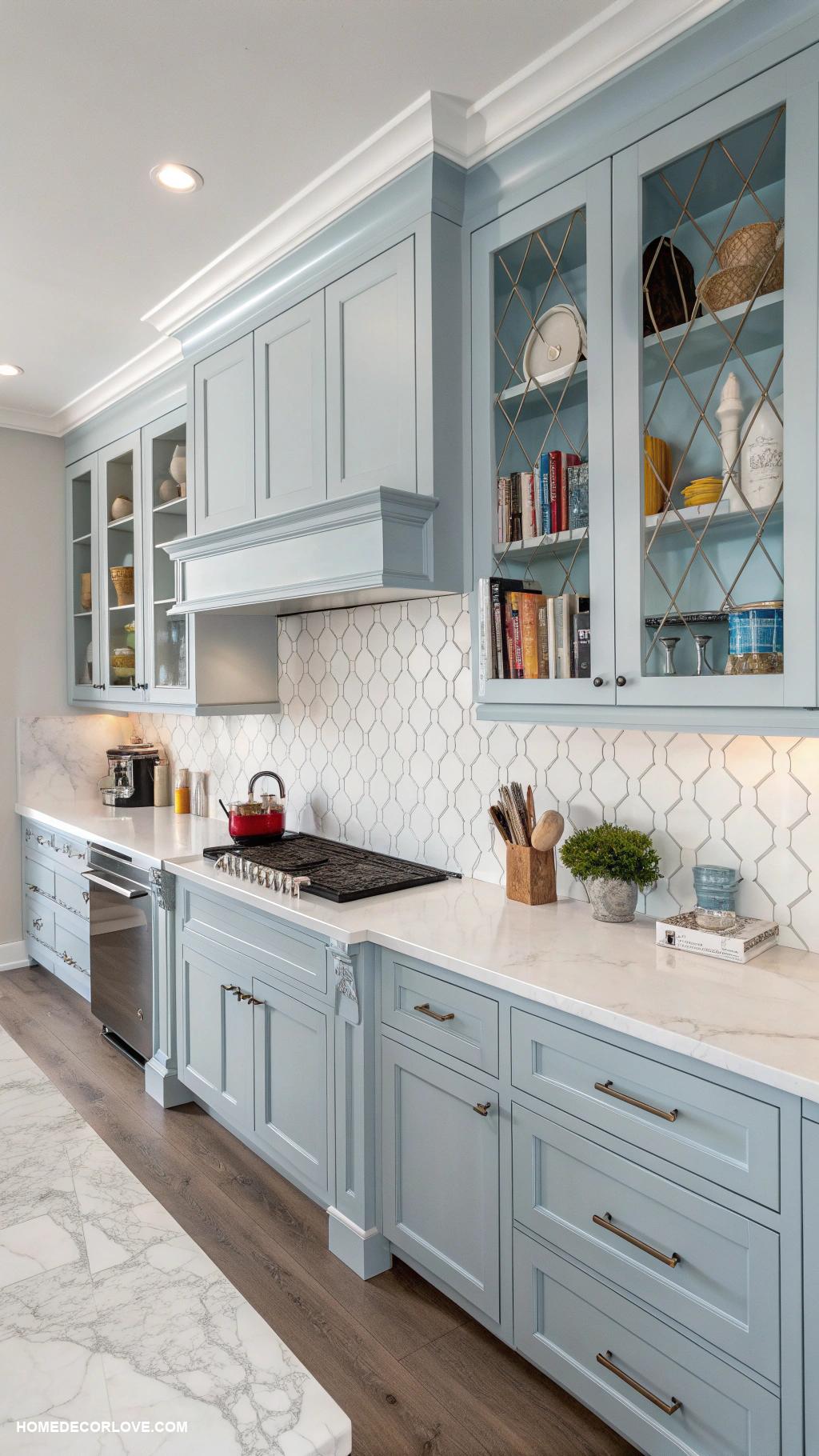 blue kitchen cabinets Sky blue cabinets with white countertops
