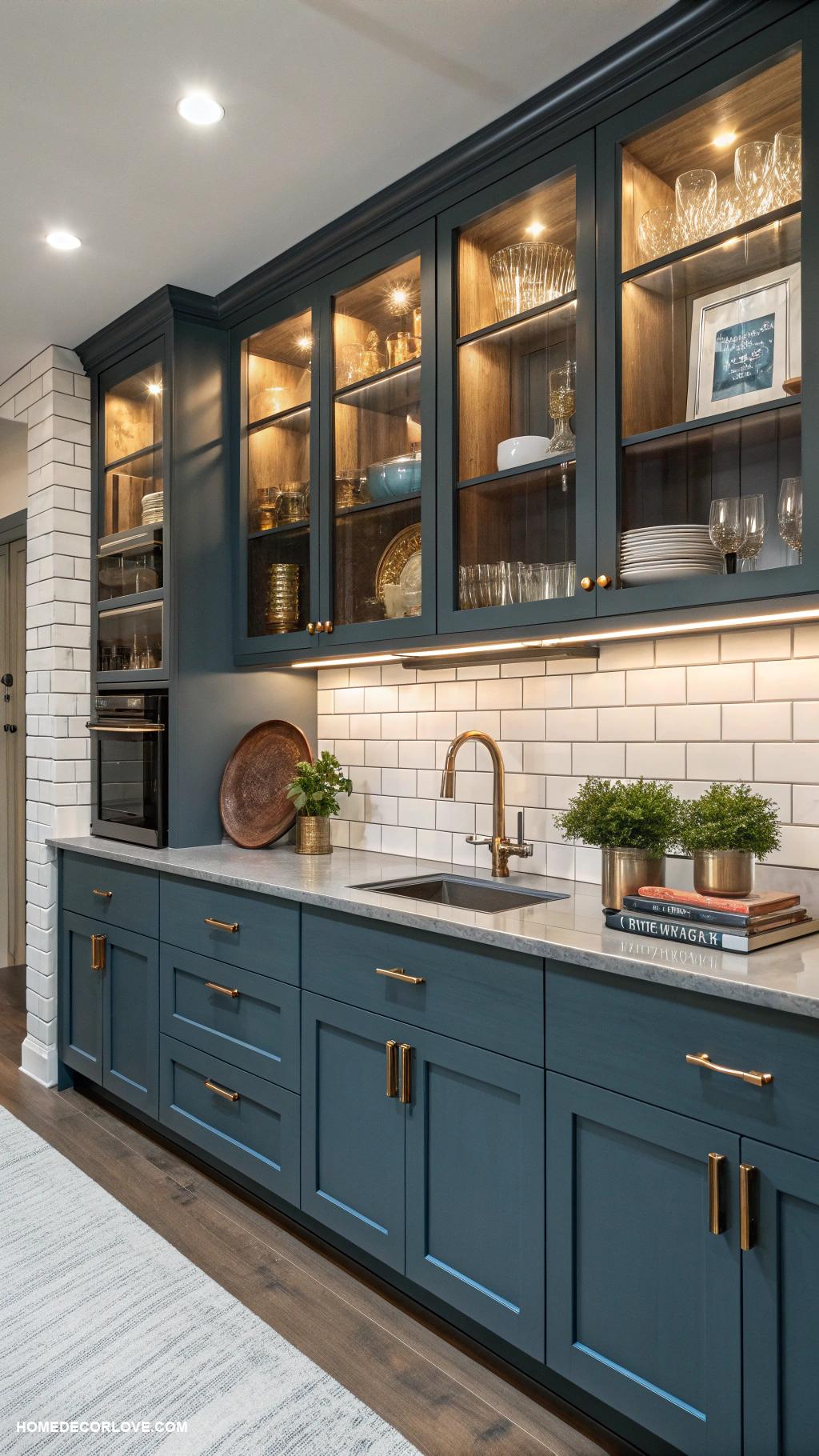 blue kitchen cabinets Steel blue cabinets with open shelving