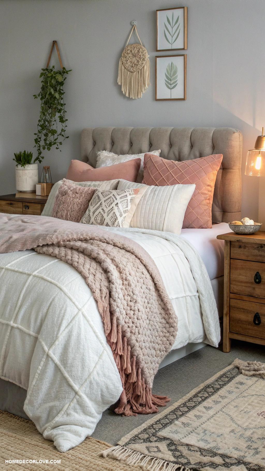 cozy bedroom aesthetic Layered bedding with textures