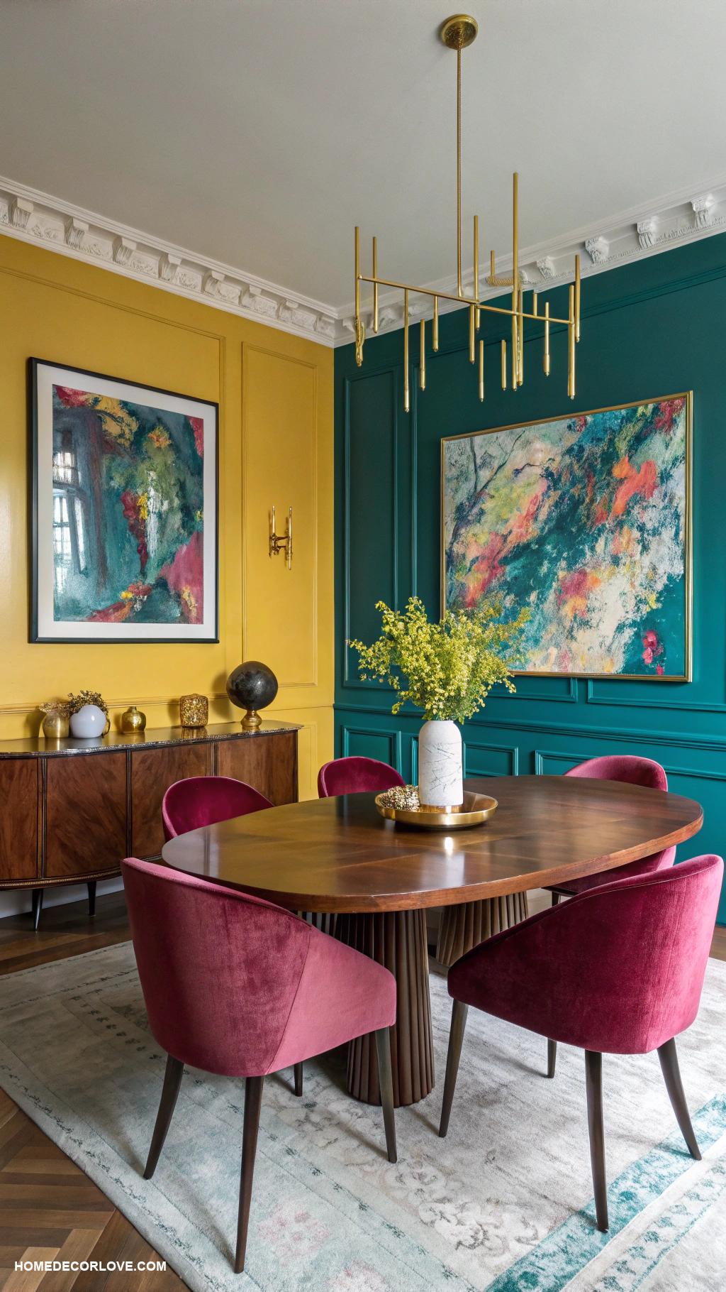 dining room inspo Bold colors with contemporary artwork on display