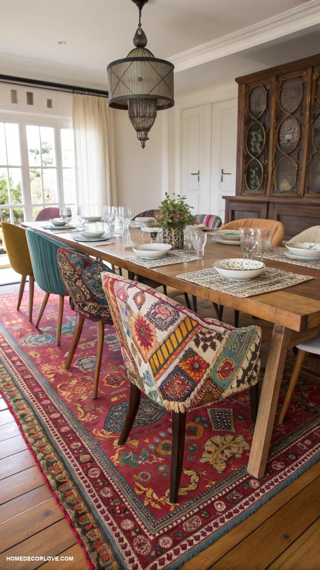 dining room inspo Eclectic mix of patterns on textiles and rugs