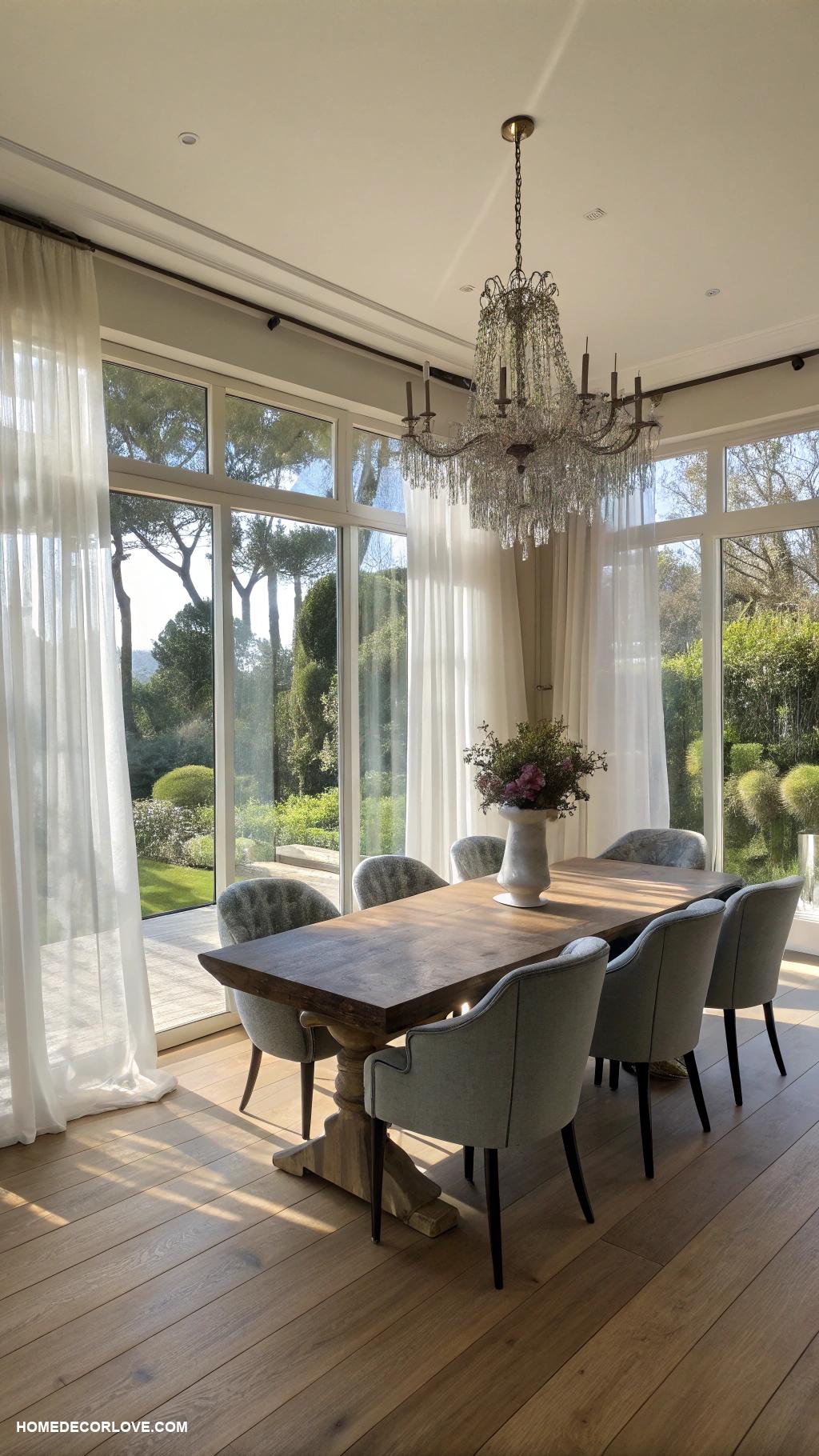 dining room inspo Natural light with large windows and sheer curtains
