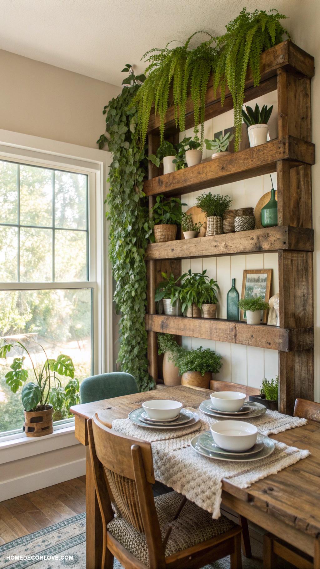 dining room wall decor ideas Rustic wooden shelves with plants