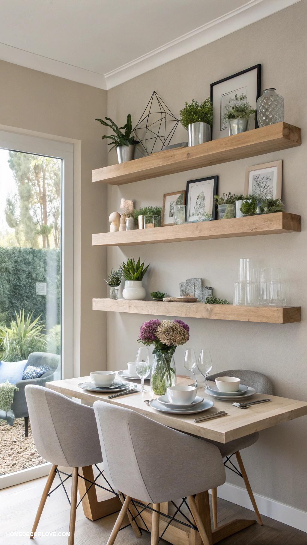 dining room wall decor ideas Sleek floating shelves with decor