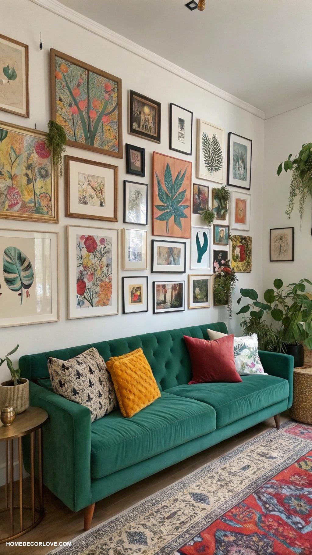 eclectic living room Gallery wall of mixed art styles