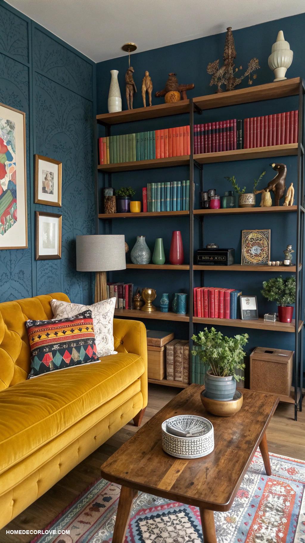 eclectic living room Open shelves displaying unique collectibles