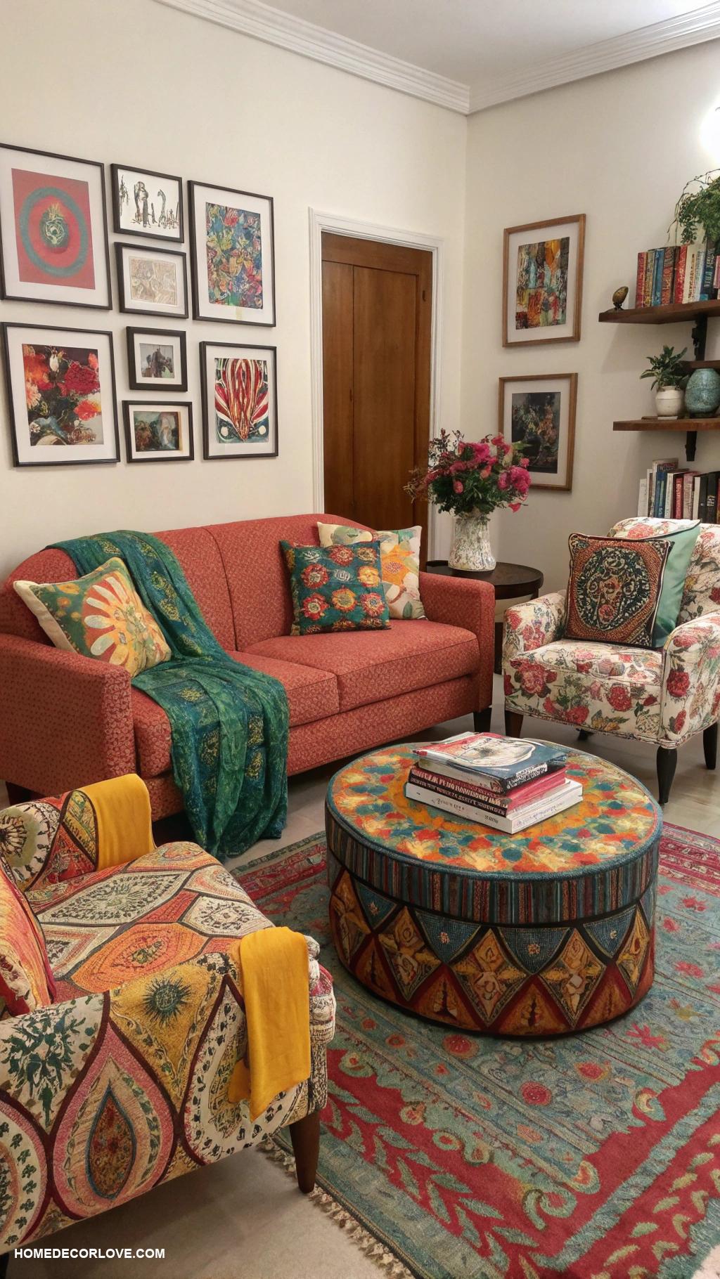 eclectic living room Use of bold prints in fabrics