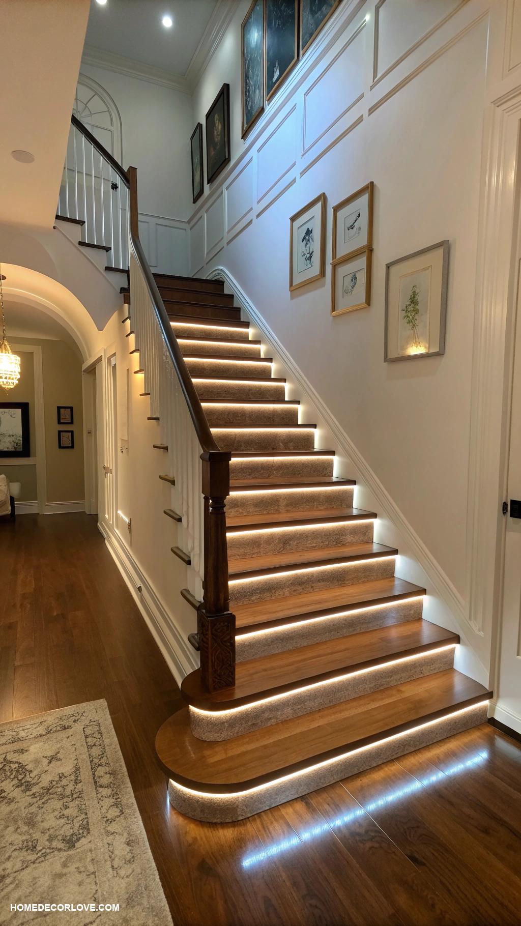 entryway lighting ideas LED strip lights along the staircase