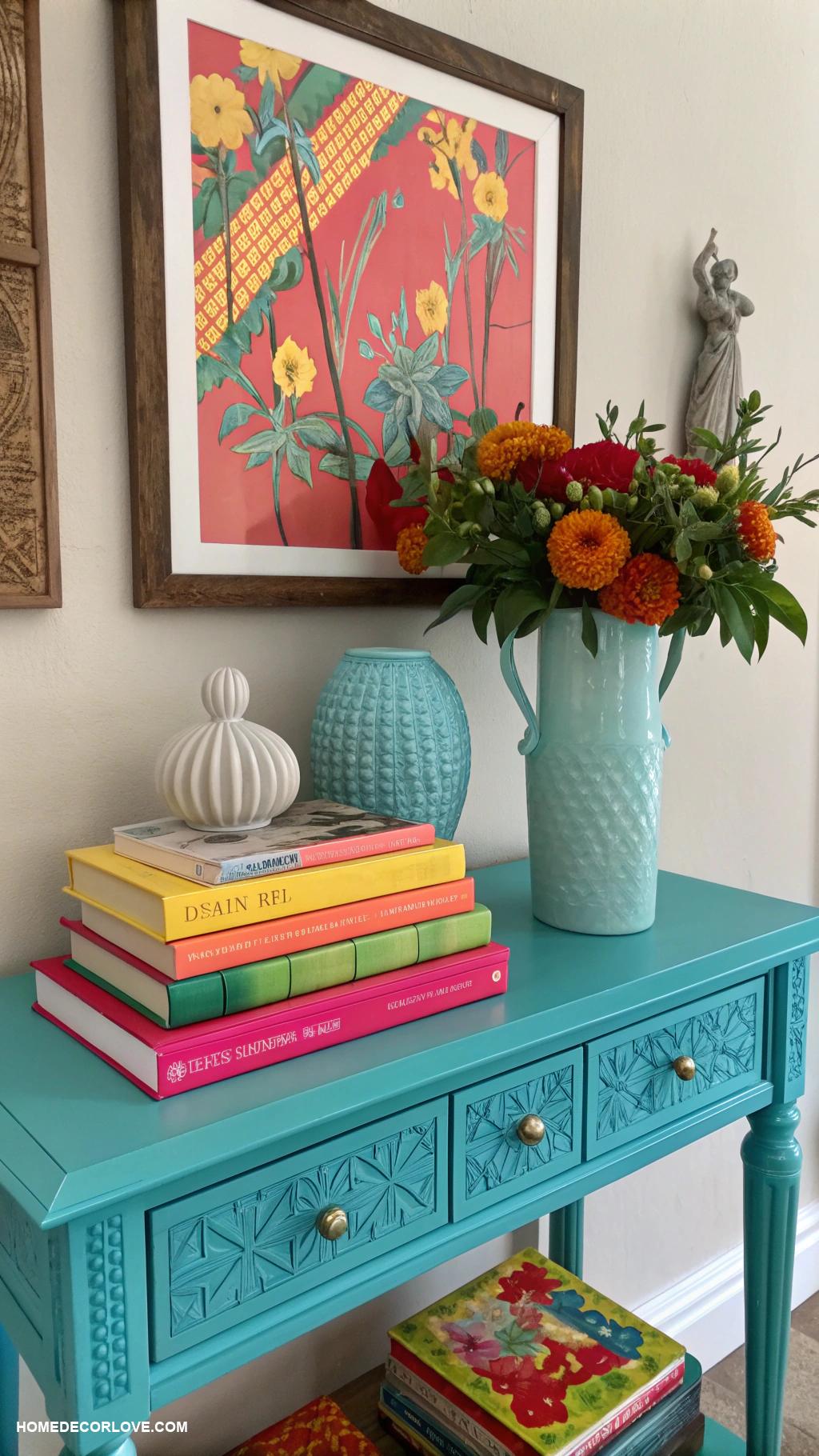 entryway table ideas Colorful table with art and books