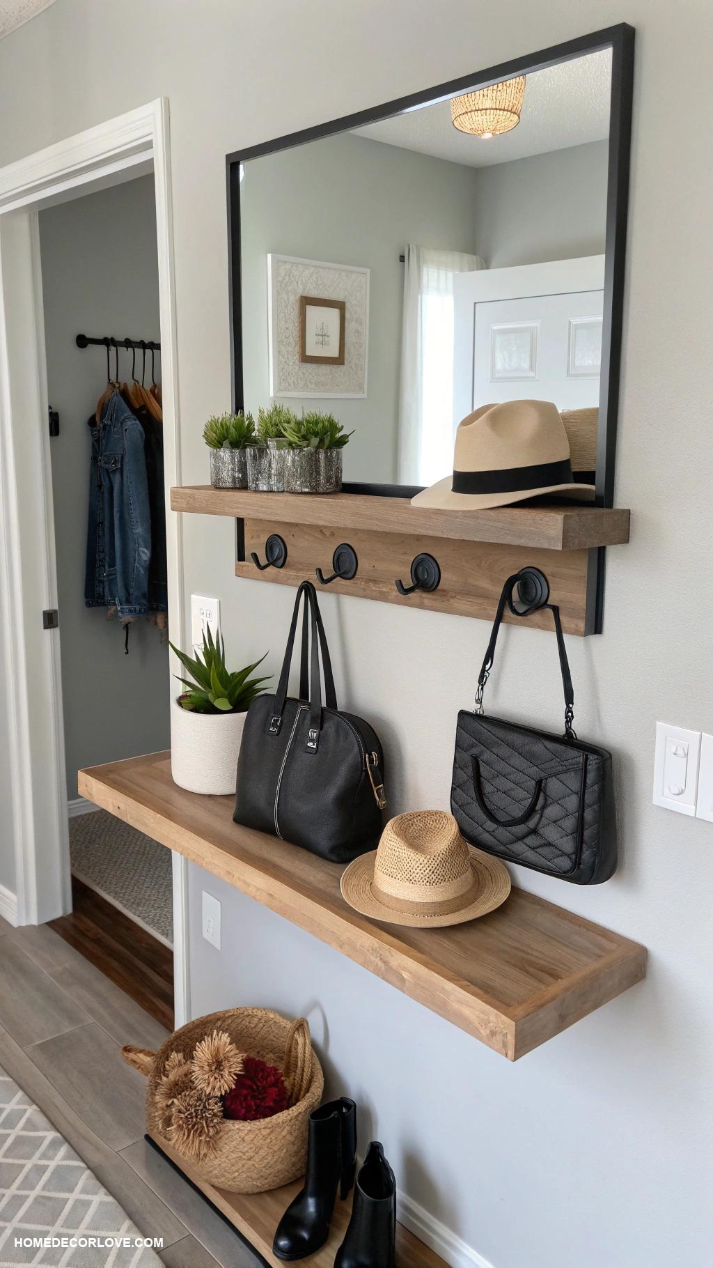 entryway table ideas Floating shelf table with wall hooks