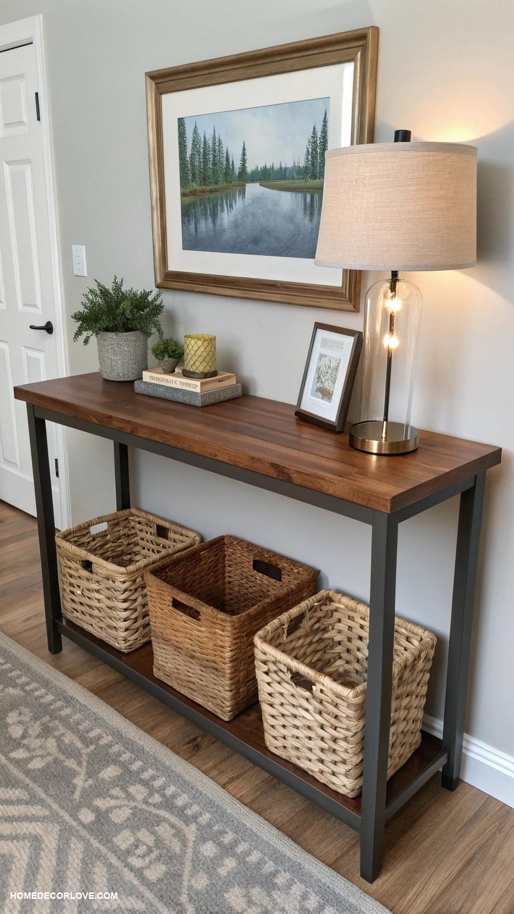 entryway table ideas Narrow table with storage baskets underneath