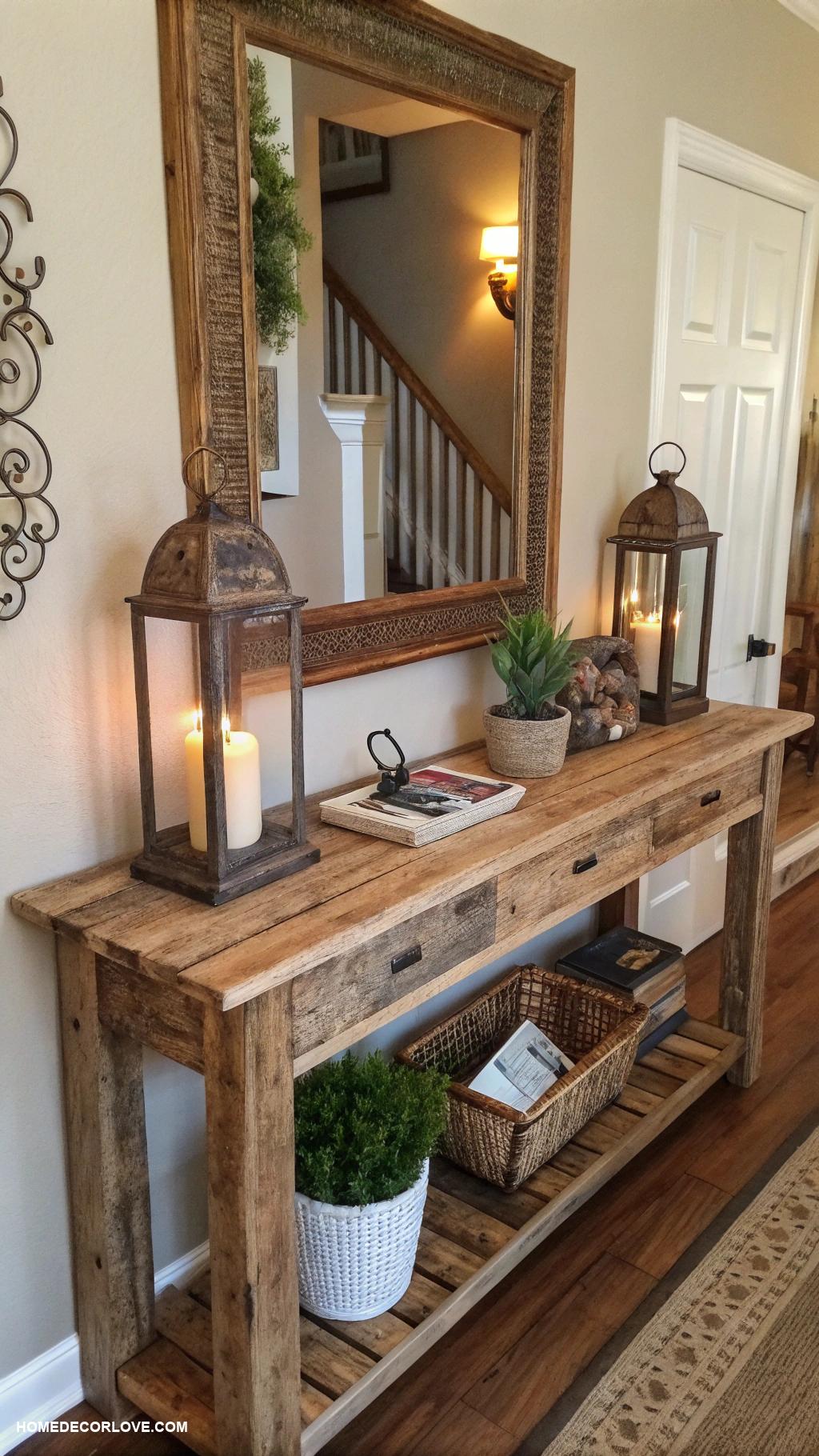 entryway table ideas Rustic wood table with a mirror above