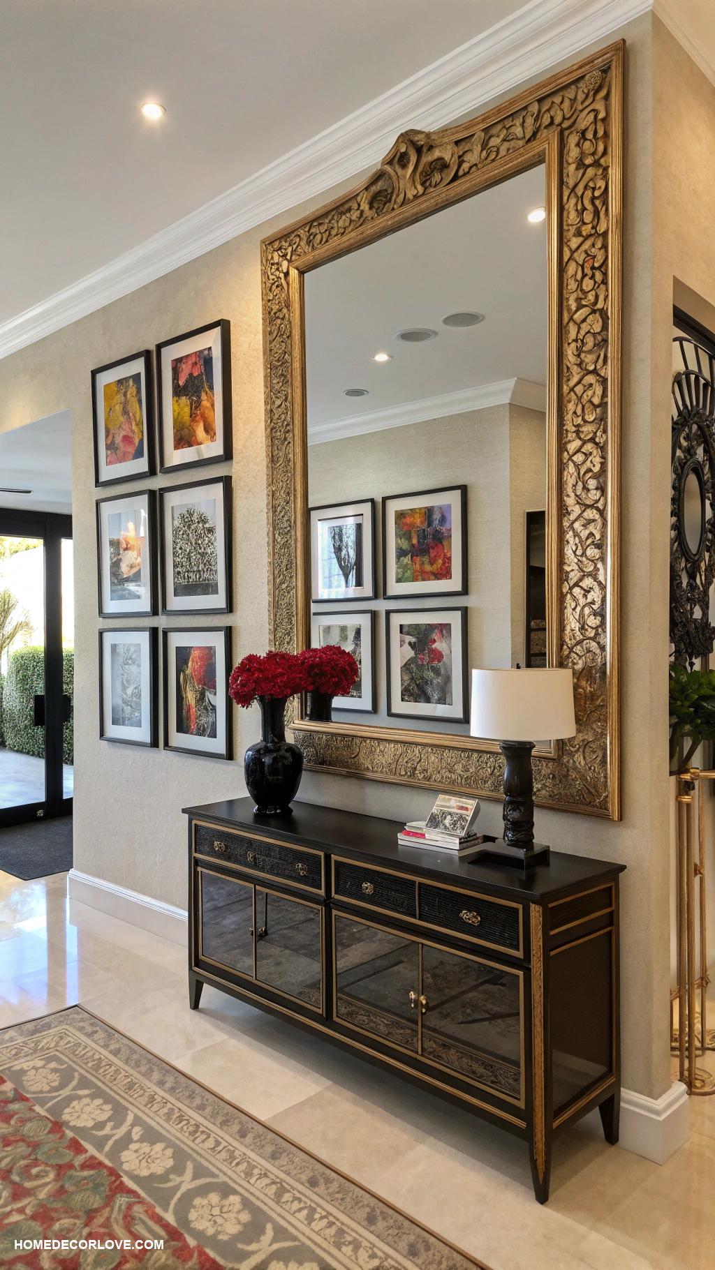 entryway wall decor ideas Oversized mirror for depth and light