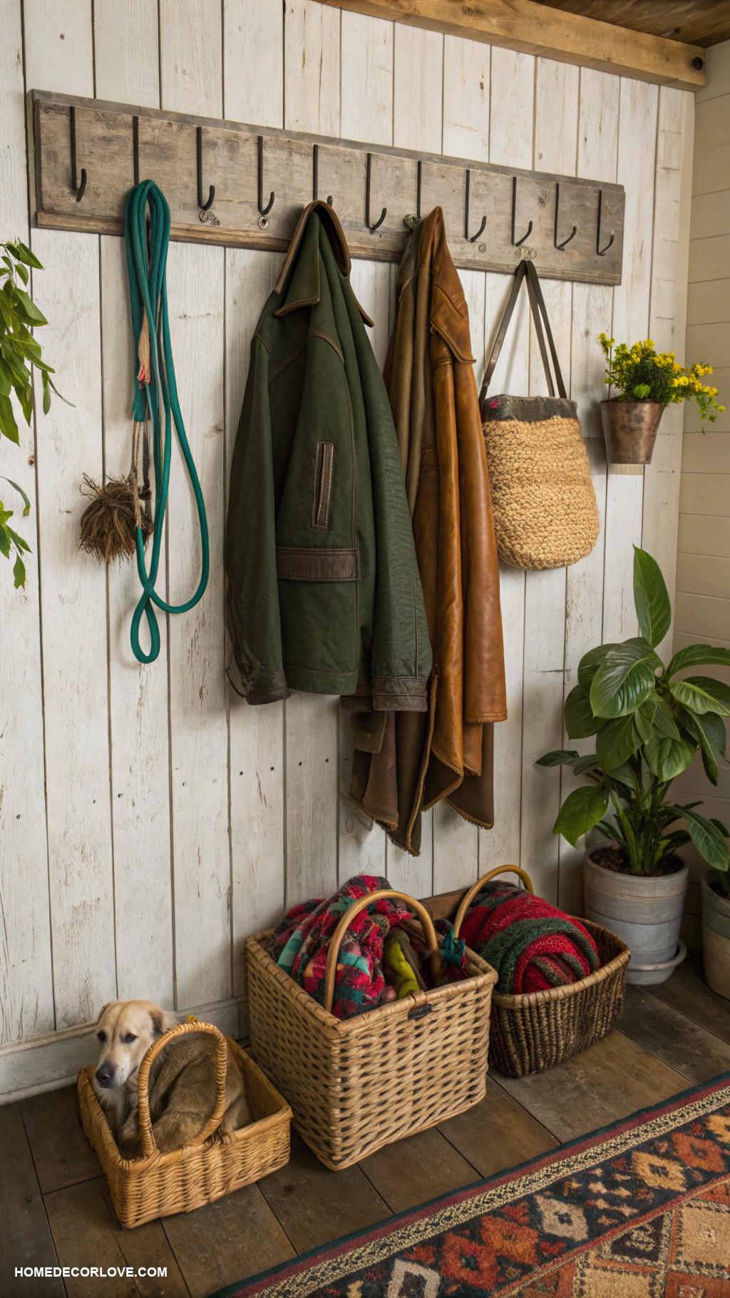 entryway wall decor ideas Rustic coat hooks with storage basket